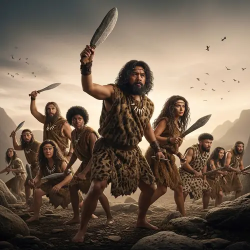 Dramatic Stone Age Hunt Scene with Diverse Cavepeople