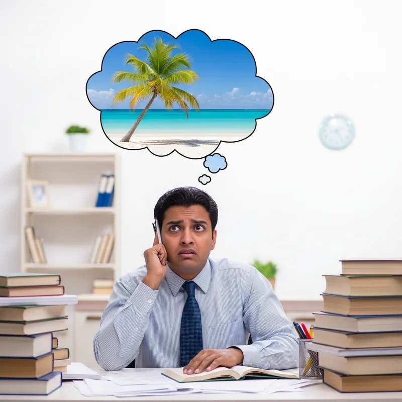 Person Puzzled Among Books, Dreaming of Beach Escape