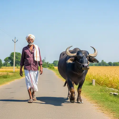 South Asian Brahmin Man Walking with Buffalo | Rural Life Scene