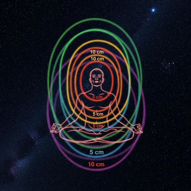 Man Meditating in Siddhasana Pose Surrounded by Colorful Aura in Space