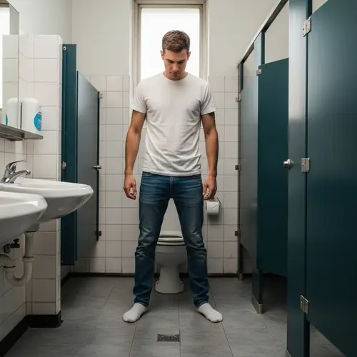 Casual Caucasian Male in Shoeless Restroom