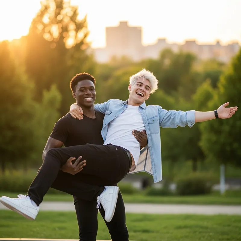 White-Haired Young Man Lifted by Black-Haired Man White-Haired Young Man Lifted by Black-Haired Man
