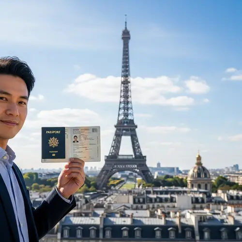 East Asian Man with Travel Document in Paris | Cityscape View