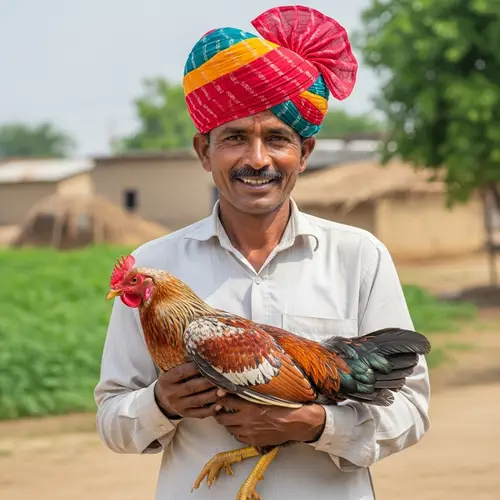 Indian Man Holding Hen in Colorful Turban and Kurta
