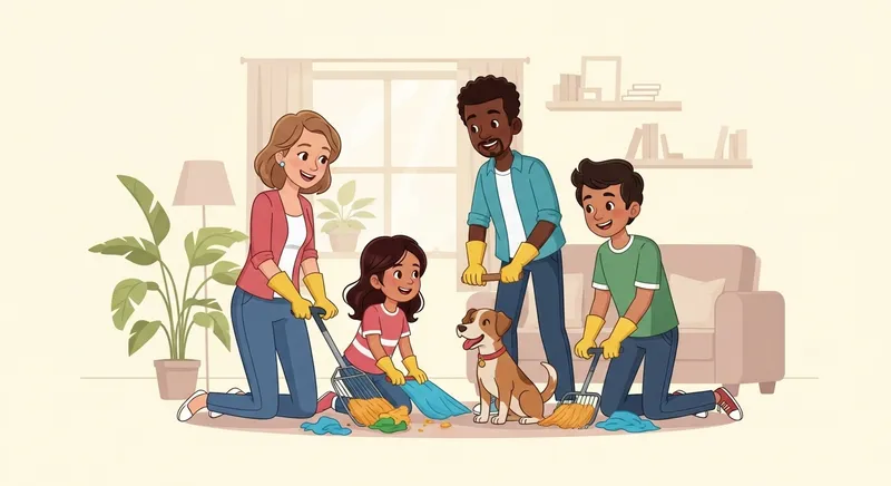 Happy Family Cleaning Together in Cartoon Style