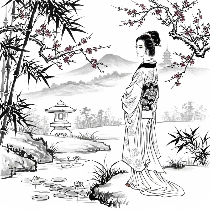 Serene Nude Asian Woman in Tranquil Garden Ink Painting