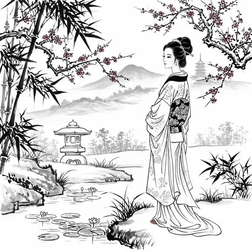 Traditional Asian Ink Painting of Serene East Asian Woman in Garden