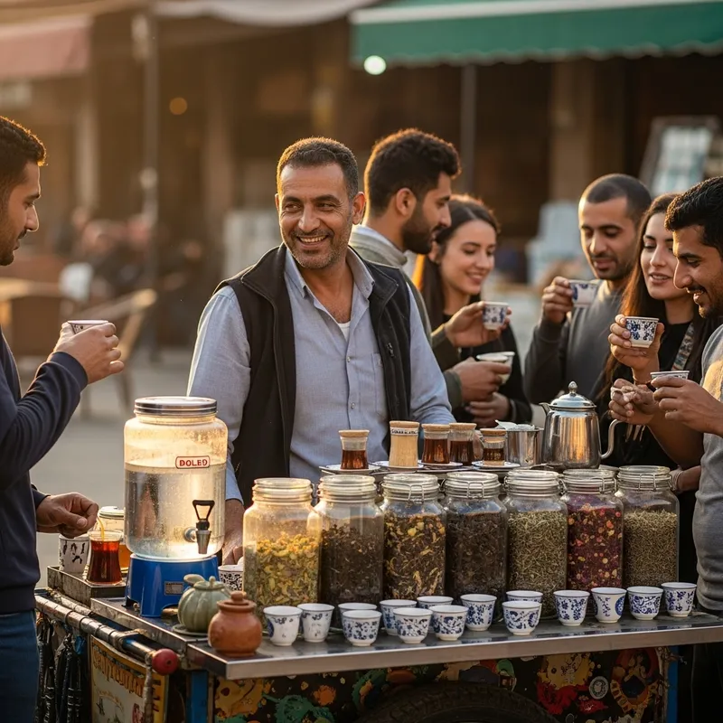 Exotic Tea Seller in Lively Market | Fresh Brewed Tea & Friendly Conversations