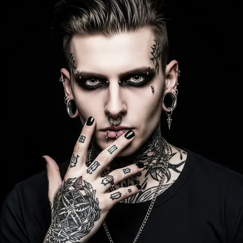 Expressive Gothic Bad Boy with Piercings, Tunnel Piercing, Tattoos, and Smokey Eyes