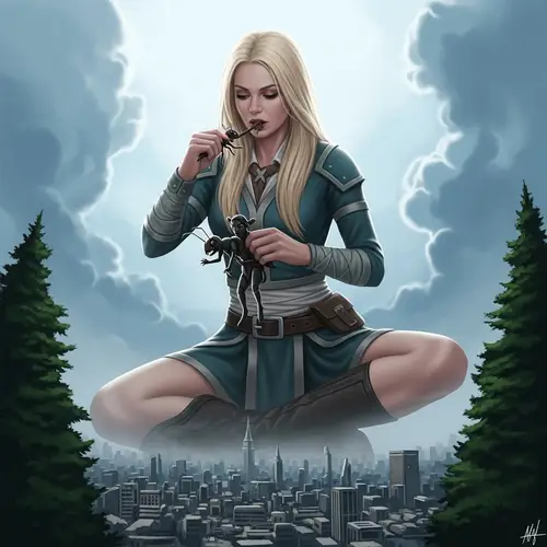 Monumental Blonde Giantess Devours Tiny Character among Trees and City