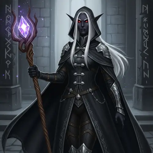 Female Dark Elf with Pointed Ears - Black Mage Cape & Staff