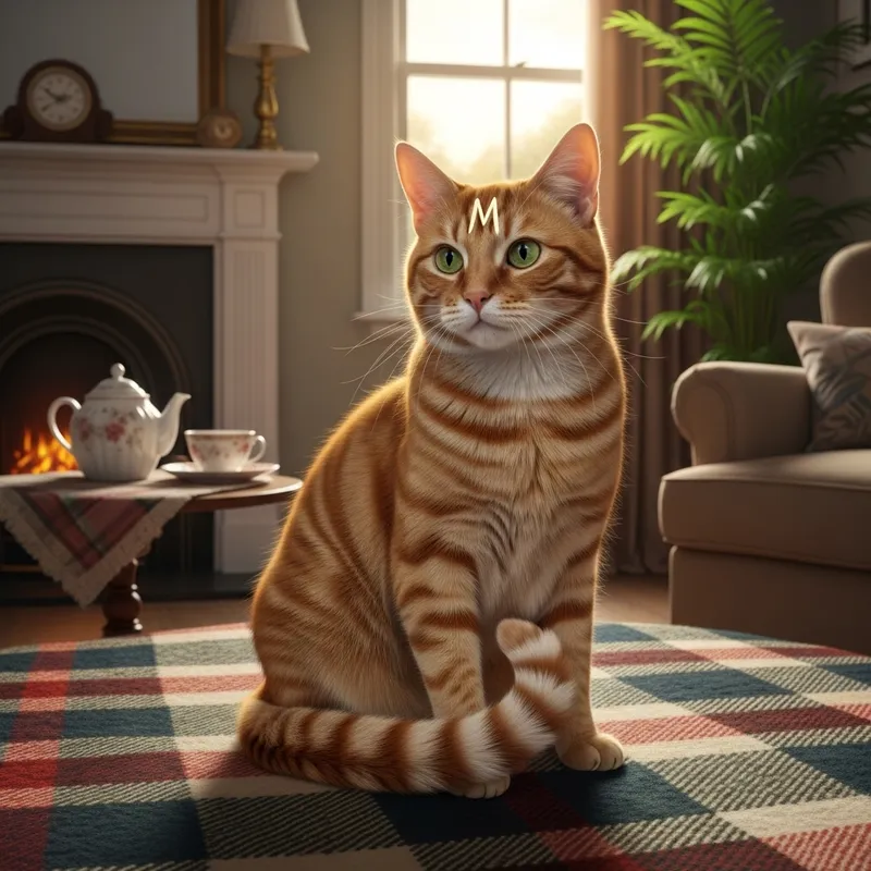 Adorable Tabby Cat Resting on Plaid Blanket