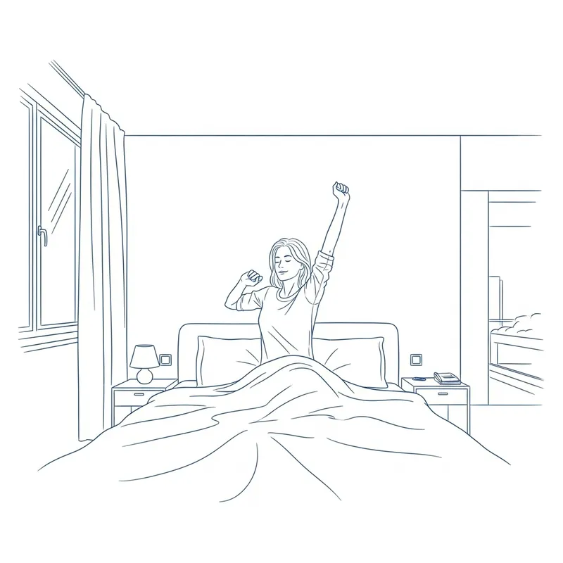 Calm Morning: Woman Stretching in Blue Minimalist Bedroom