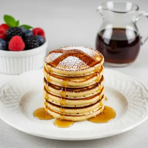 Delicious Mini Pancakes Stack with Maple Syrup and Berries