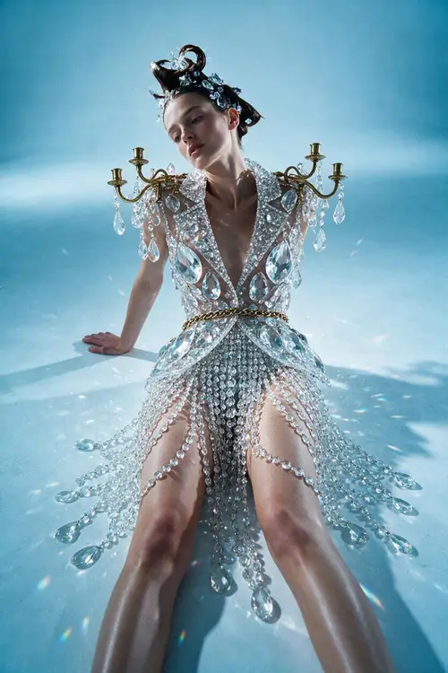 High-Fashion Model in Crystal Chandelier Suit