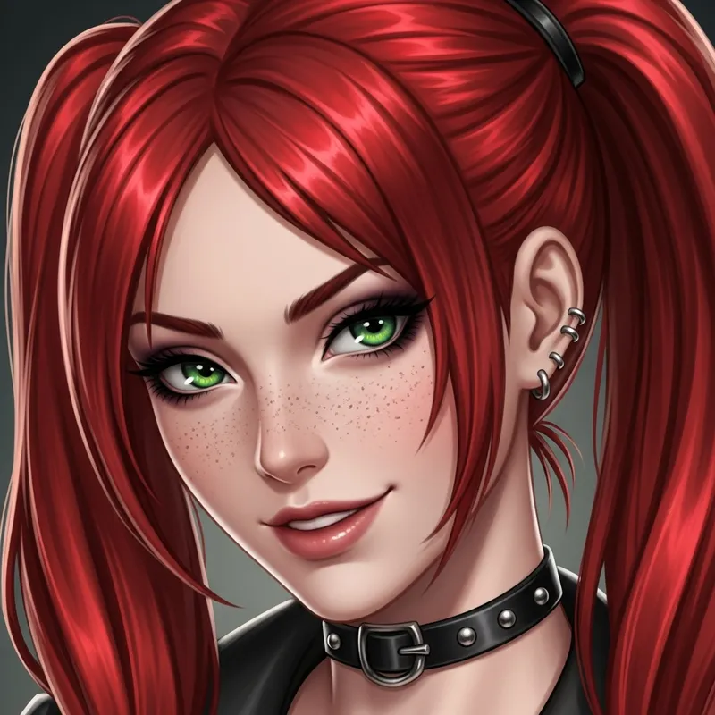 Sultry Anime Girl with Red Hair, Green Eyes, and Gothic Style Sultry Anime Girl with Red Hair, Green Eyes, and Gothic Style