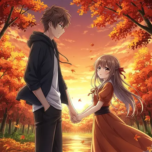 Anime Boy and Girl Holding Hands under Autumn Sky - 2D Art