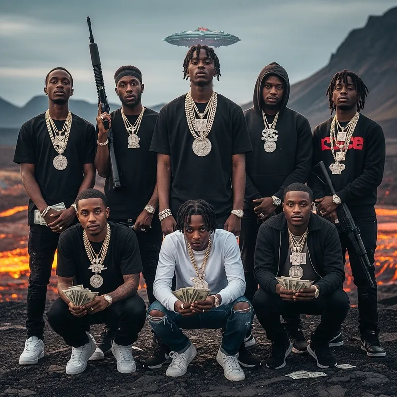 Futuristic Group Portrait with Armed Figures, Wealth, and Unique Background