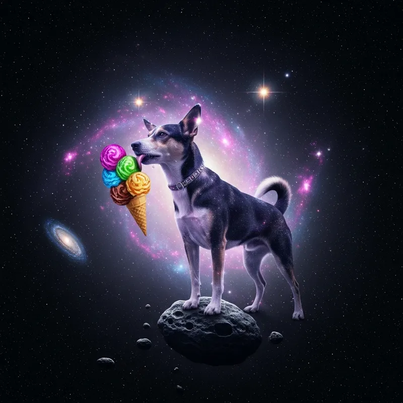 Galactic Dog Eating Ice Cream in Space