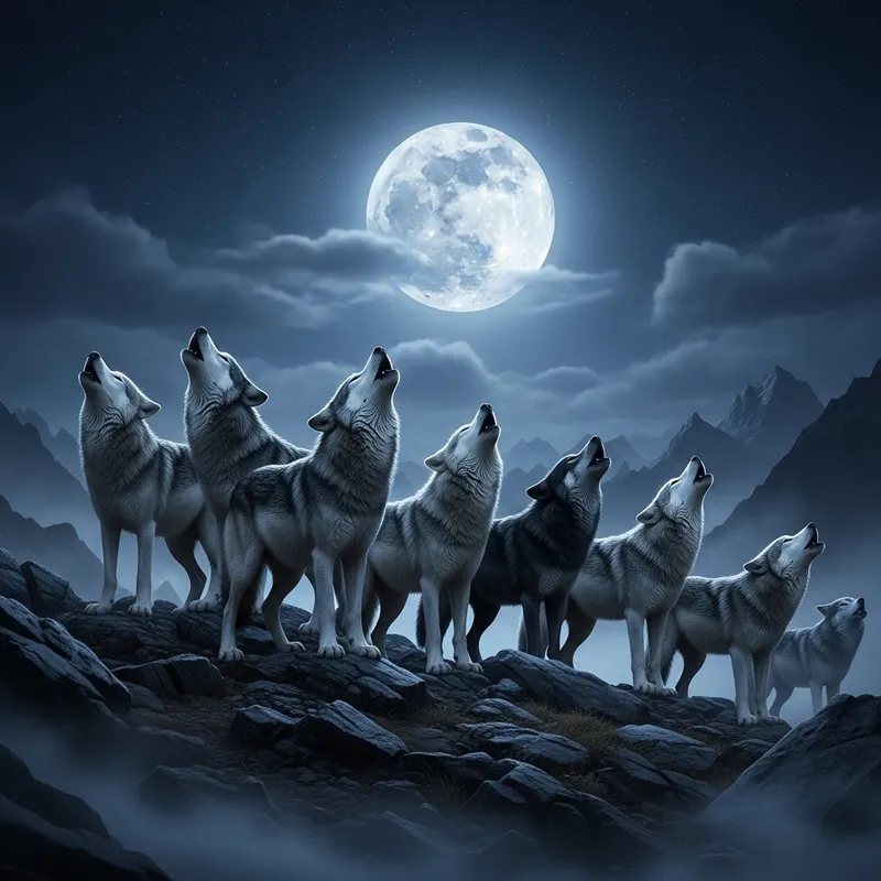 Mystical Wolves Howling Under a Full Moon