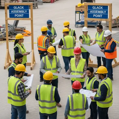 Workers at Assembly Point: Construction Team Ready