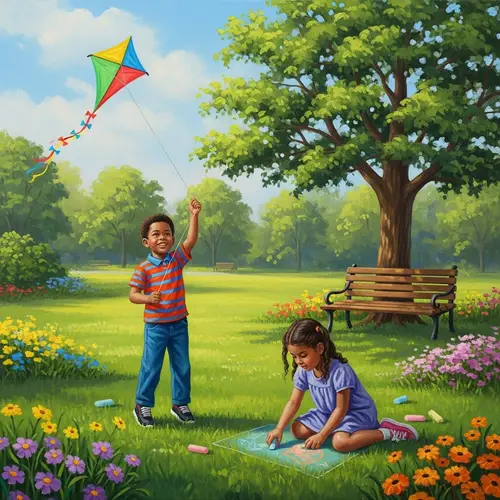 Kids Playing in Sunny Park - Colorful Kite and Sidewalk Chalk Fun