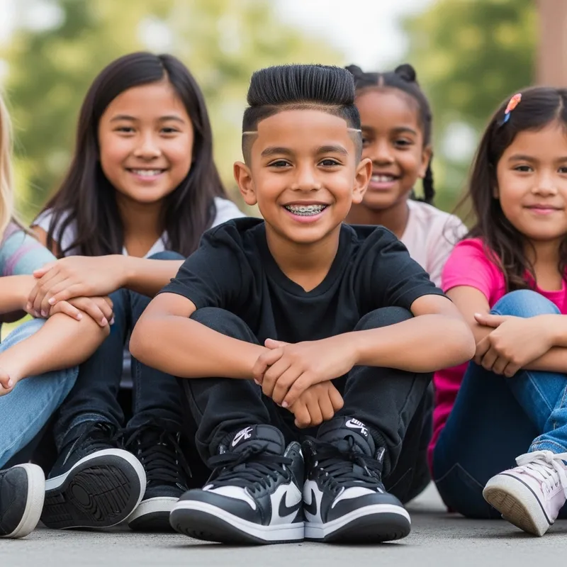 Diverse Children with Flat Haircut and Jordan 1 Shoes - Kid with Braces Diverse Children with Flat Haircut and Jordan 1 Shoes - Kid with Braces