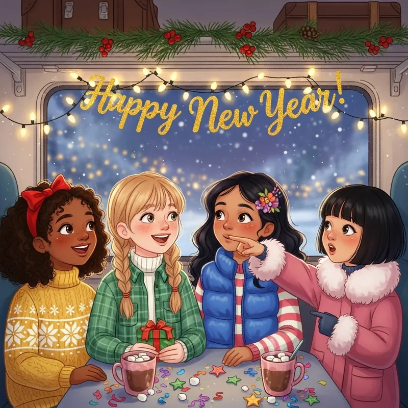 Cheerful Group of Girls Celebrating New Year in Train