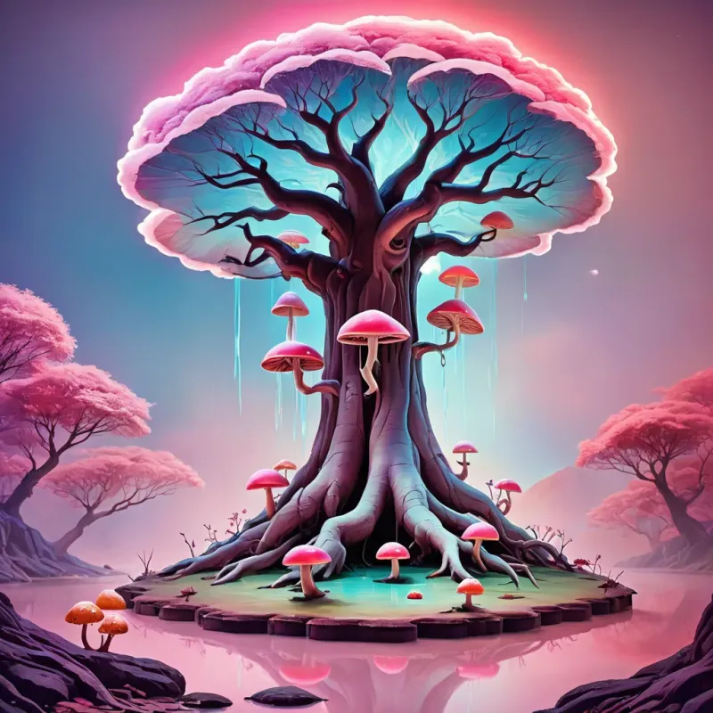 Enchanting Surreal Tree with Glowing Mushrooms Enchanting Surreal Tree with Glowing Mushrooms