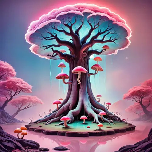 Enchanting Surreal Tree with Glowing Mushrooms