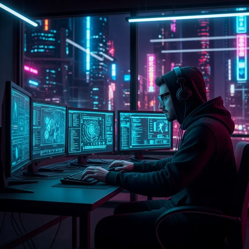 Intense Cyberpunk Hacker amid Glowing Screens and Futuristic Cityscape
