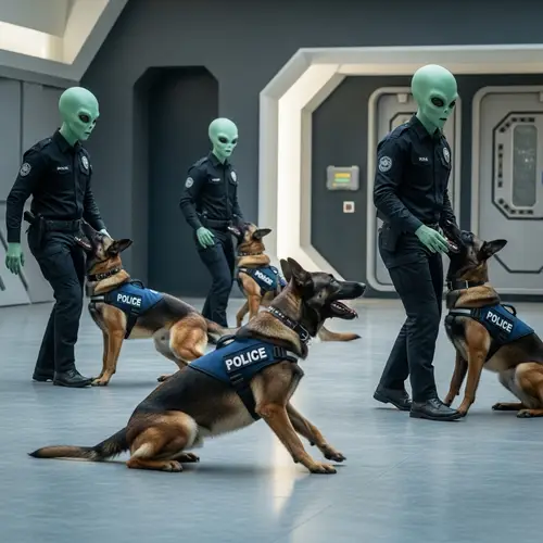 Extraterrestrial Beings Training Police Dogs in Futuristic Setting