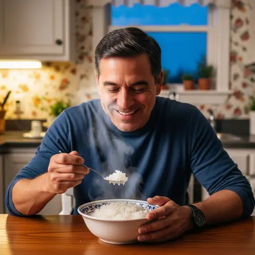 Middle-Aged Hispanic Man Savoring Steamed Rice | Kitchen Joy