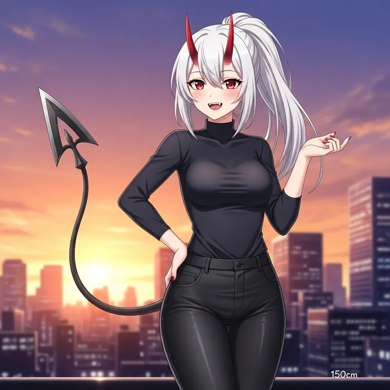 Adorable Anime Girl with Red Eyes, White Hair, Horns, Tail, and Fangs Adorable Anime Girl with Red Eyes, White Hair, Horns, Tail, and Fangs