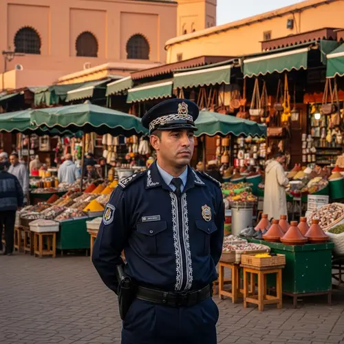 Moroccan Police Officer in Vibrant Marrakech Marketplace