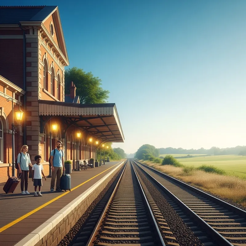 Vintage Train Station in Serene Morning Light