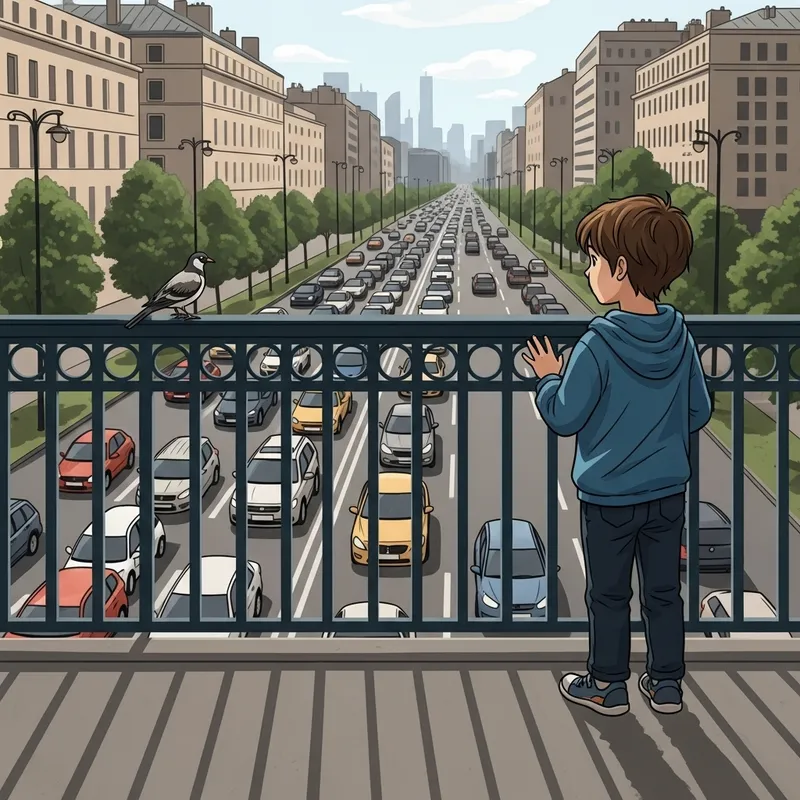 Young Boy and Bird on Urban Bridge Over Traffic Jam Young Boy and Bird on Urban Bridge Over Traffic Jam