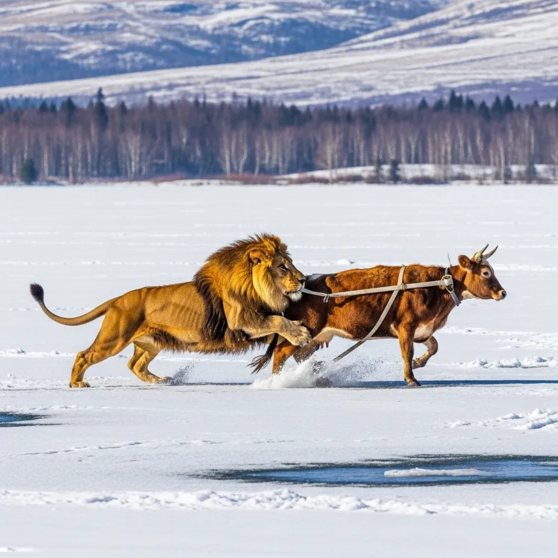 Majestic Lion Rescuing Cow in Snowy Landscape - Wildlife Photography