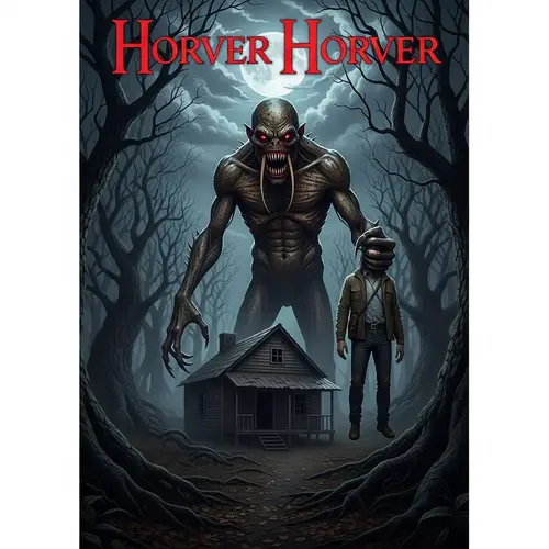 Horror Book Cover: Monster with Sharp Teeth in Forest Cabin
