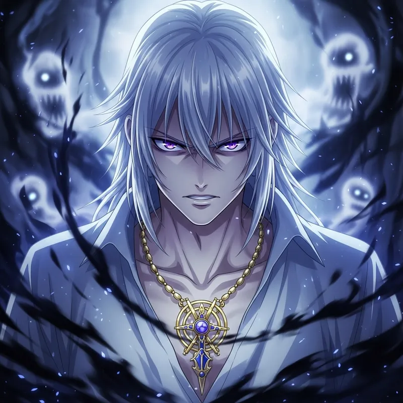 Mystical Anime Character with Intense Purple Gaze