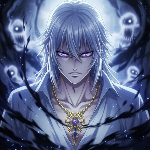 Intense Anime Character with White Hair and Purple Eyes