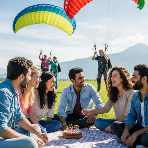 Lively Outdoor Birthday Party with Diverse Friends and Skydiving Fun