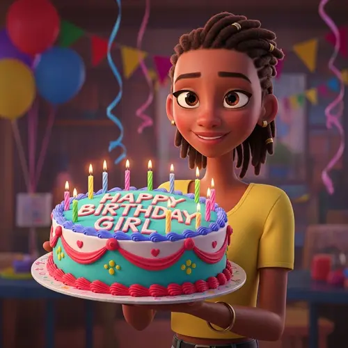 Pixar Style Illustration: Happy Birthday Girl with Cake