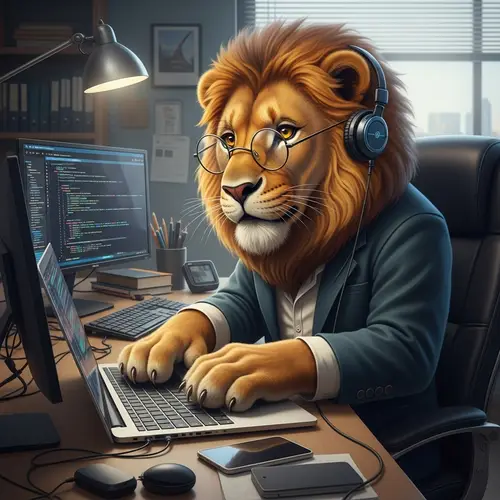 Tech-Savvy Lion Software Developer Coding in Modern Office