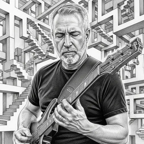 Pencil Drawing of a Middle-Aged Man with Guitar