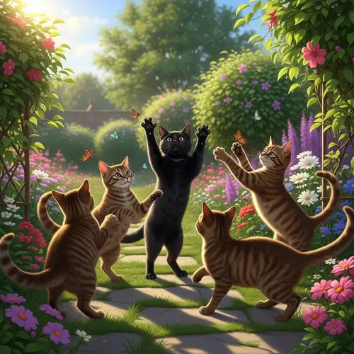Black Cat Stands Out Among Four Brown Cats in Playful Garden Scene