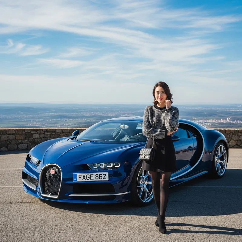 Luxurious Bugatti with Beautiful Lady in Scenic Setting Luxurious Bugatti with Beautiful Lady in Scenic Setting