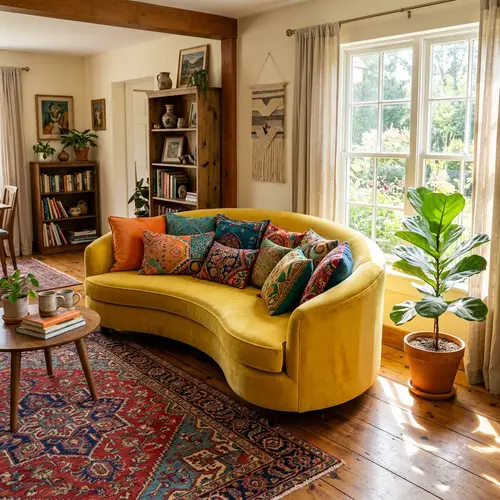 Luminous Banana-Shaped Couch with Colorful Pillows in Eclectic Living Room