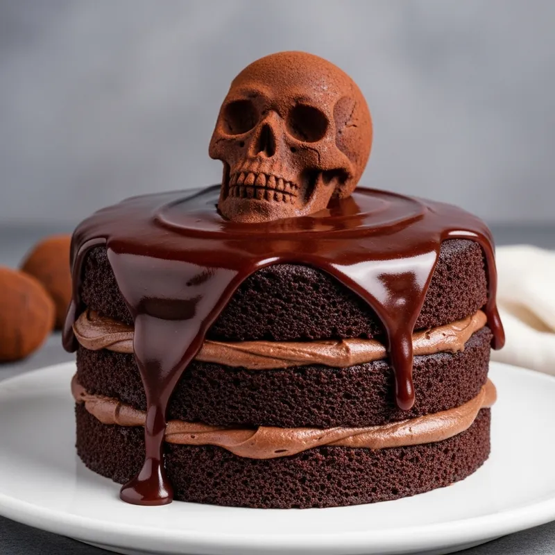 Decadent Chocolate Cake with Multilayered Ganache and Truffle Skull Decoration