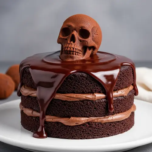 Decadent Multilayered Chocolate Cake with Skull Truffle Decoration
